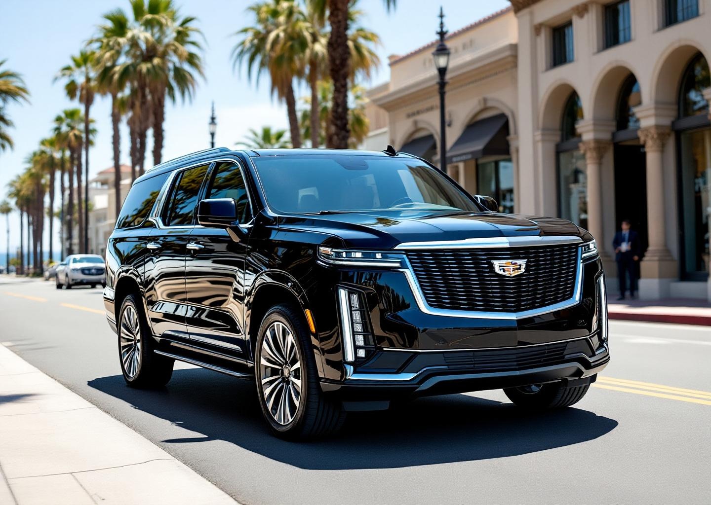 2024 black Cadillac Escalade on palm tree lined San Diego street